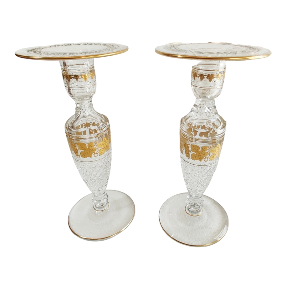 Rare Pair Val Saint Lambert Gold Grapevine Crystal Candlesticks, Hellinger Glad